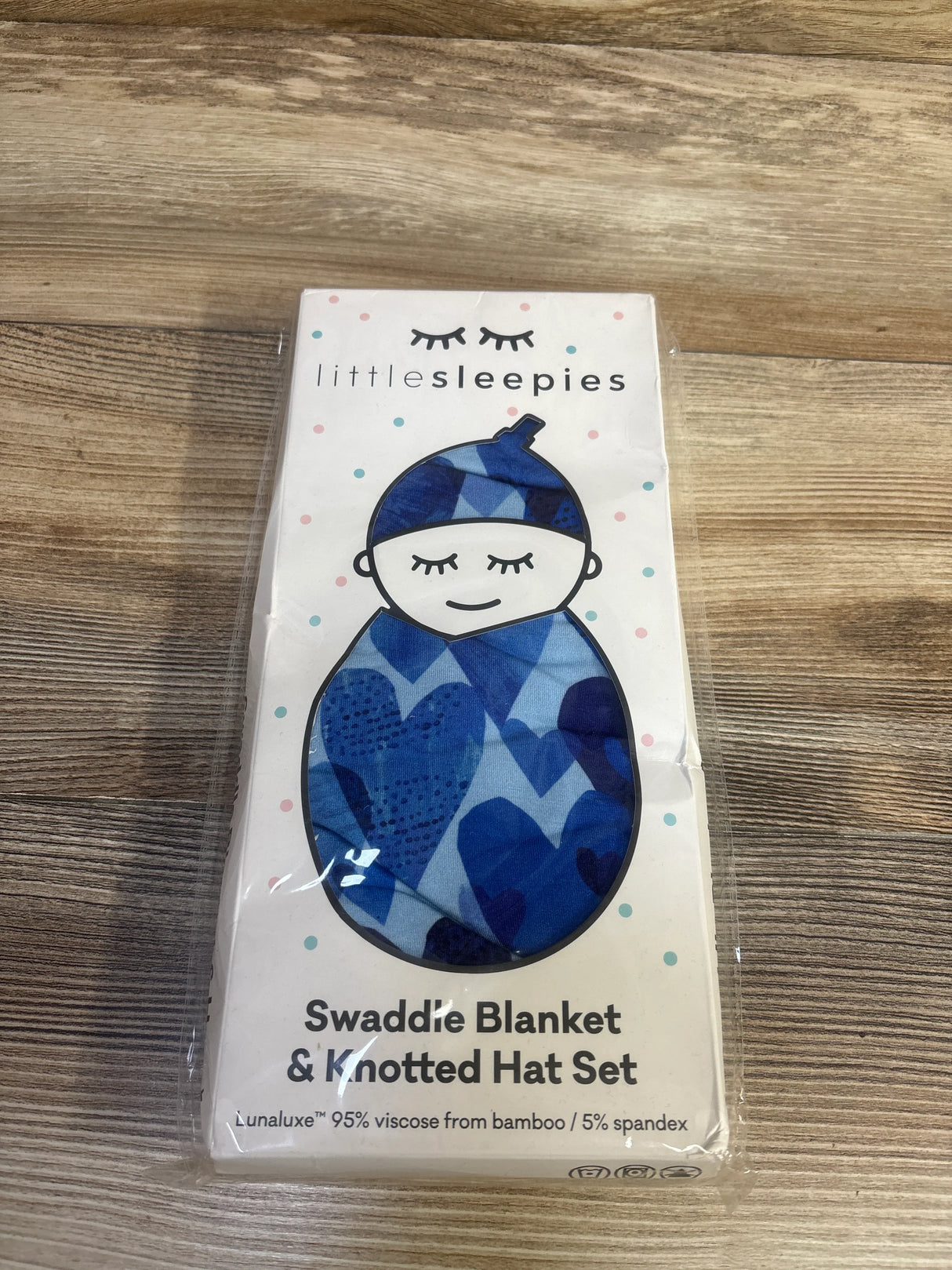 NEW Little Sleepies Blue Hearts Swaddle Blanket & Knotted Hat Set sz 0-5m