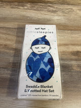 NEW Little Sleepies Blue Hearts Swaddle Blanket & Knotted Hat Set sz 0-5m