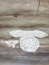 Rabbit + Bear Organic 2pc Gauze Romper & Headband Set Beige sz 0-3m