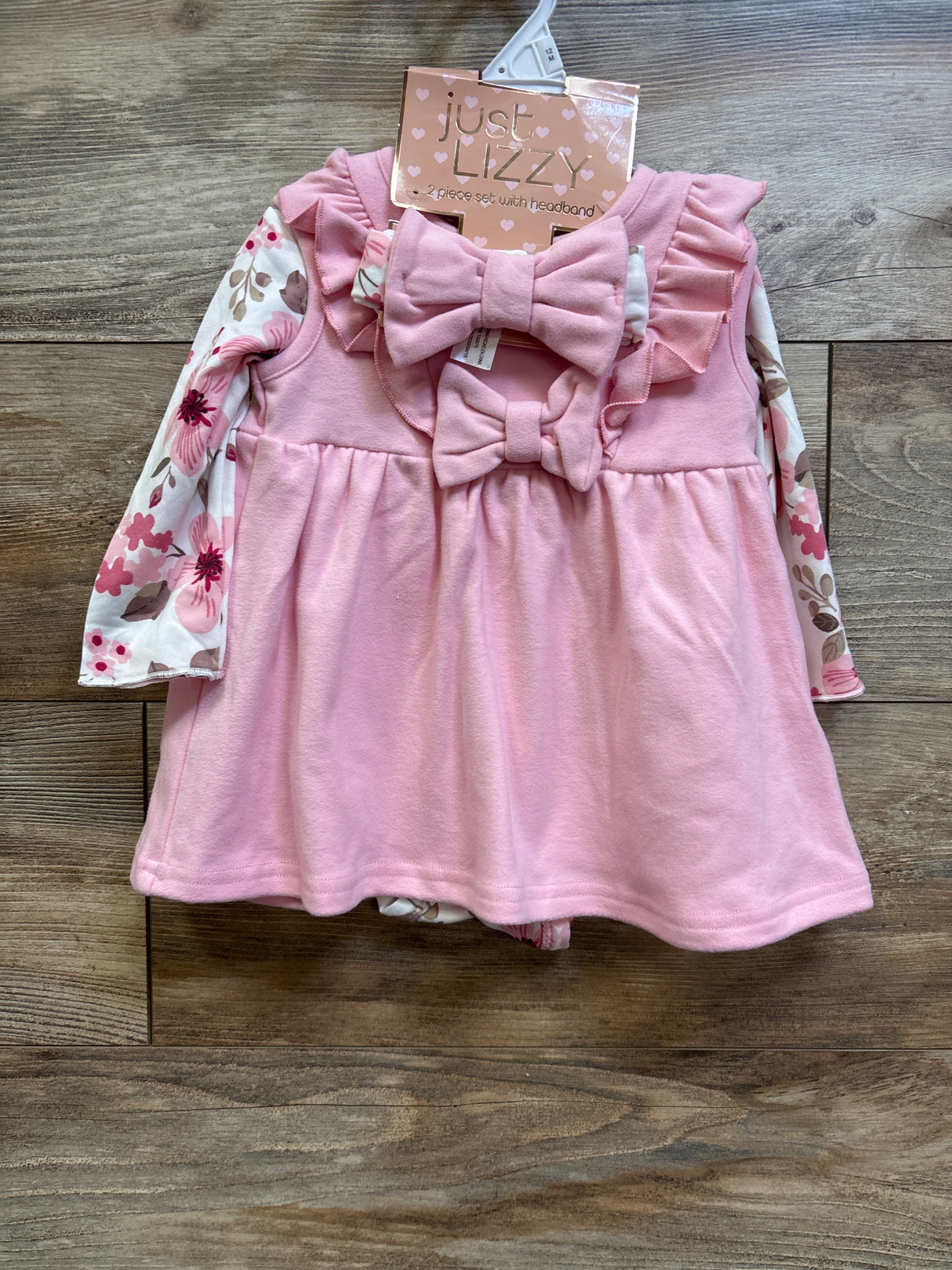 NWOT Just Lizzy 3pc Long Sleeve Bodysuit, Fleece Dress, & Headband Set Pink sz 12m