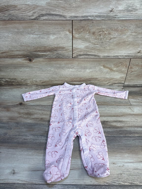 Flat lay of pink Just One You waffle-knit footed sleeper (9M) showing cherry print and front snap closure on wood floor