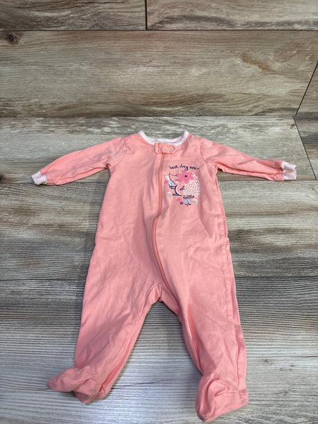 Front view of Gerber pink footed sleeper for 0 to 3 months showcasing a front zipper and animal graphic on wood flooring