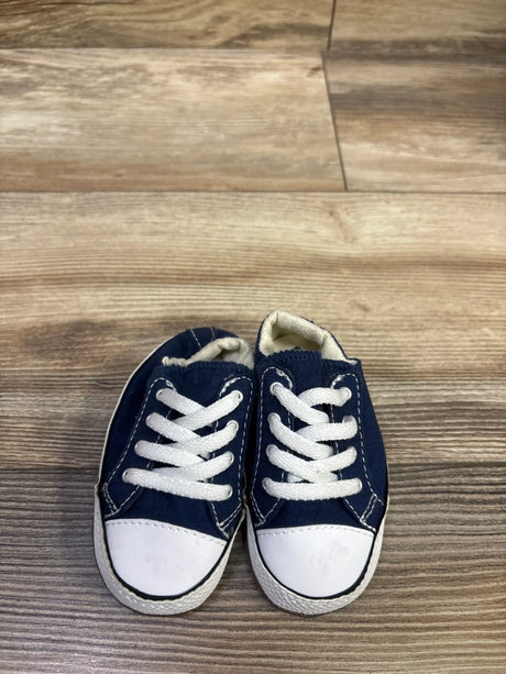 Top view of Converse All Star Cribster Easy-On Shoes in navy, size 3C, showcasing white laces and toe caps on a wood floor