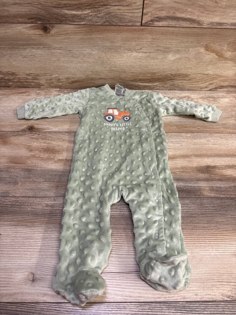 Front view of green Baby Gear Minky Dot Sleeper with raised dots, footed legs, and Daddy’s Little Helper graphic on wood