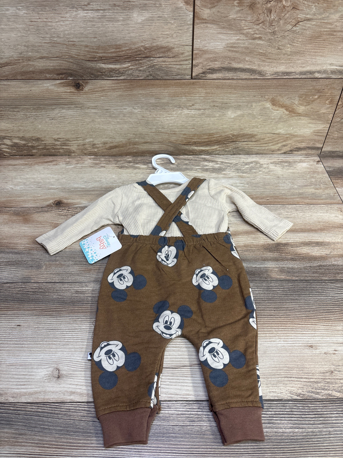NEW Disney Baby 2pc Mickey Mouse Overalls Set Beige sz 0/3m