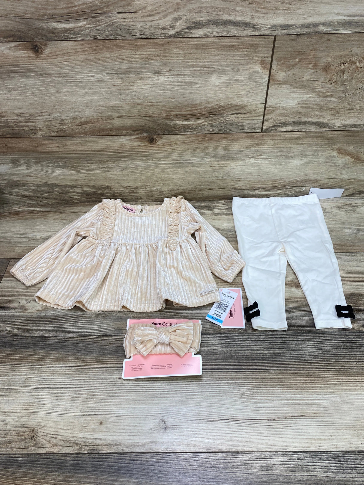 NEW Juicy Couture 3pc Ruffle Trim Velvet Top & Leggings Set Cream sz 6-9m