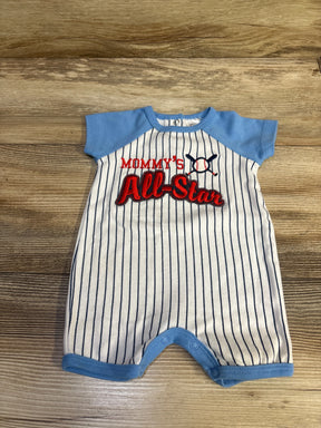 Front view of Little Beginnings Mommy’s All Star shortie romper with blue trim, baseball graphic, and vertical pinstripes on wood