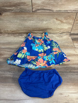 Flat lay of Children's Place blue floral baby dress with ruffled shoulder straps and matching blue bloomers on wooden background
