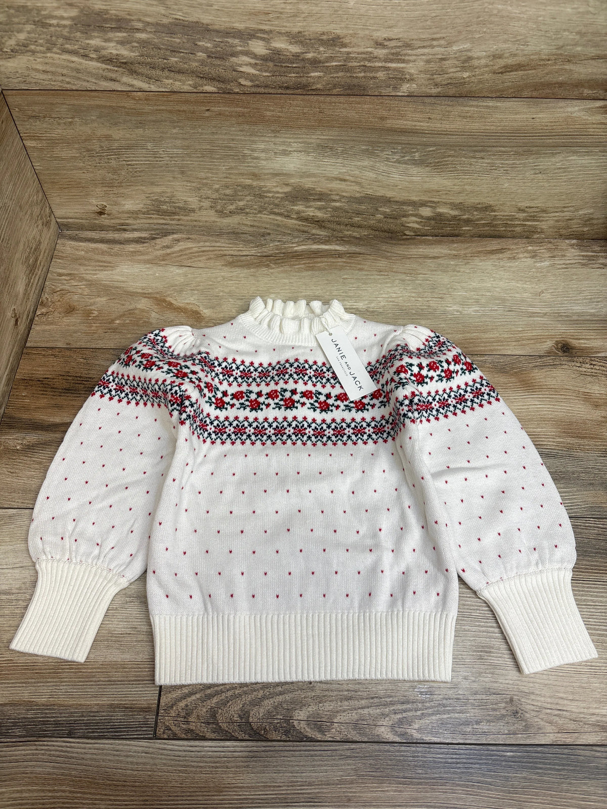 NEW Janie & Jack Floral Fair Isle Ruffle Neck Sweater White sz 3T