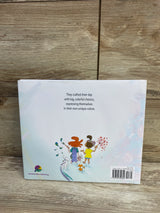 Back cover of Now What Hardcover Book showcasing two children illustration with cat and dog and Notable Kids Publishing logo on wood plank floor