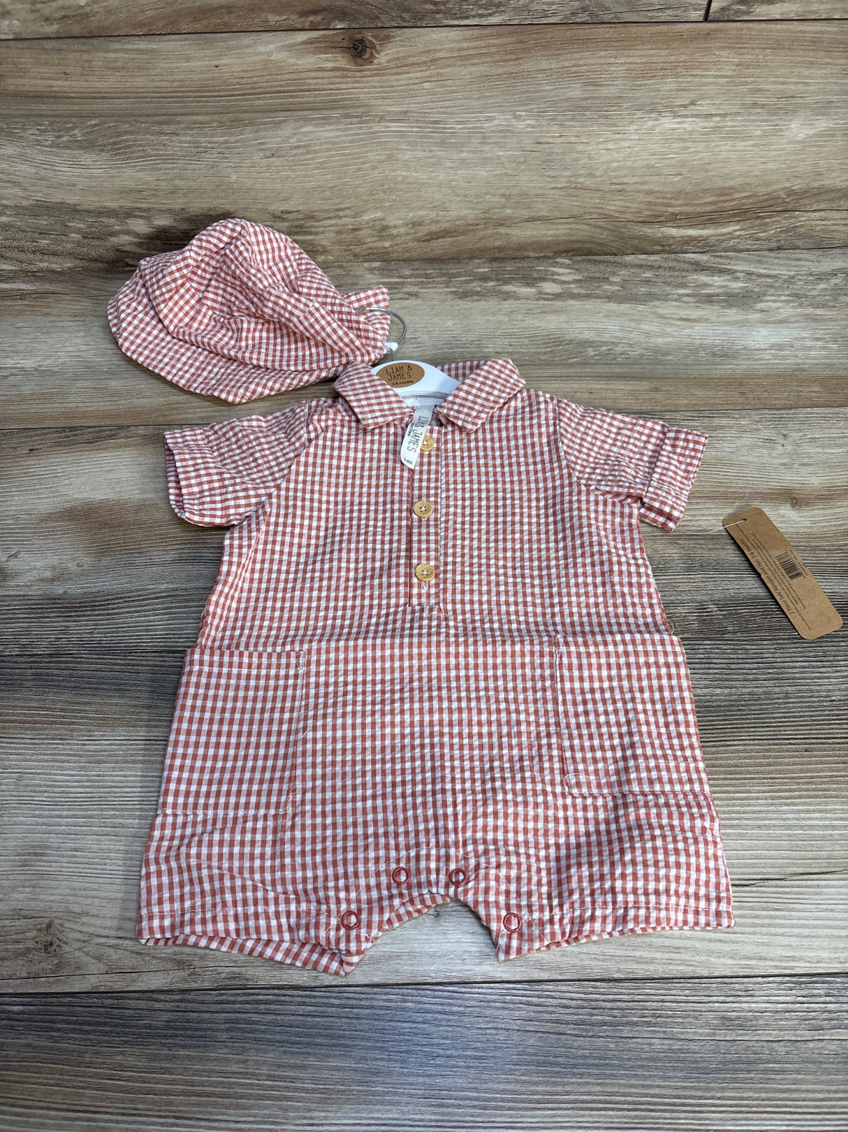 NEW Liam & James 2pc Gingham Romper & Hat sz 3-6m - Me n Mommy To Be