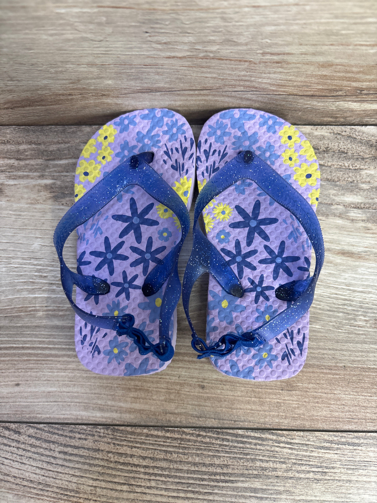 Girl's Floral Flip Flops Blue Glitter sz 7-8c
