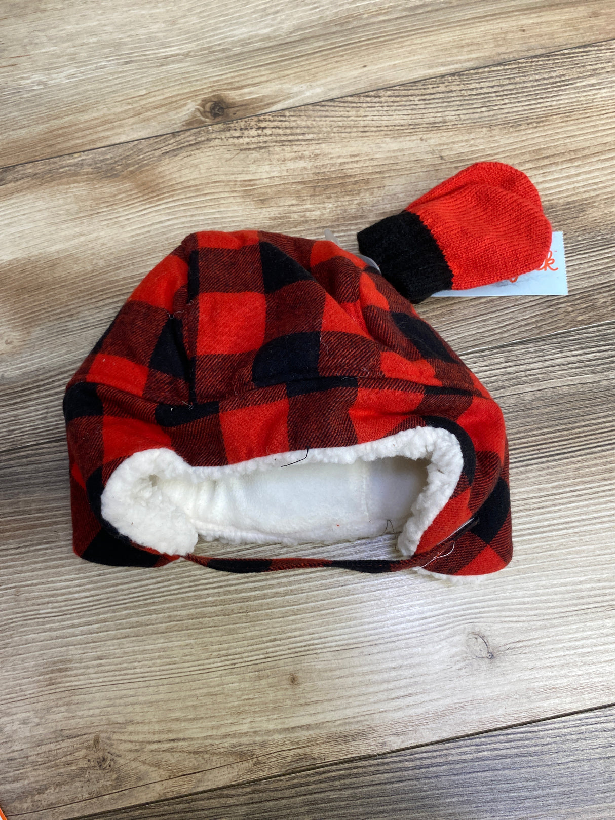 NEW Cat & Jack Buffalo Check Faux Fur Hat & Mitten Set sz 6-12m