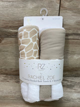 NEW RZ Baby By Rachel Zoe 2 Hooded Bath Towels & 3 Washcloths Tan/White