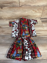 Flat lay of red size 12 months cabana set with button-up shirt and elastic-waist shorts, hibiscus and surfboard print