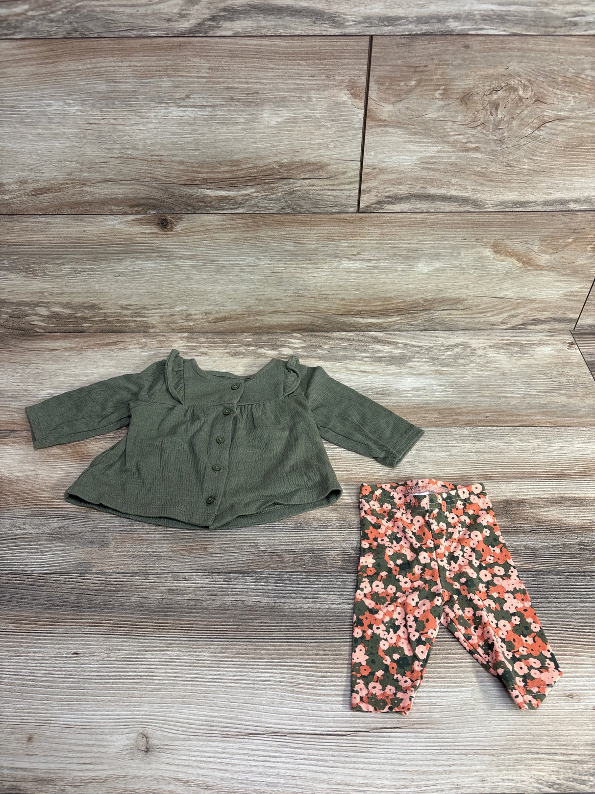 Just One You 2pc Button Up Shirt & Floral Leggings Olive sz Newborn