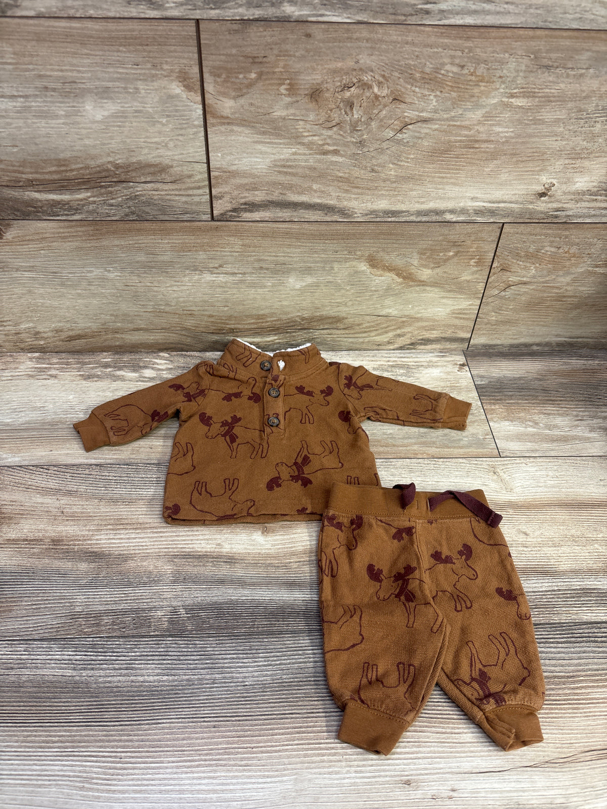 Just One You 2pc Henley Moose Sweatshirt & Pants Set Brown sz Newborn