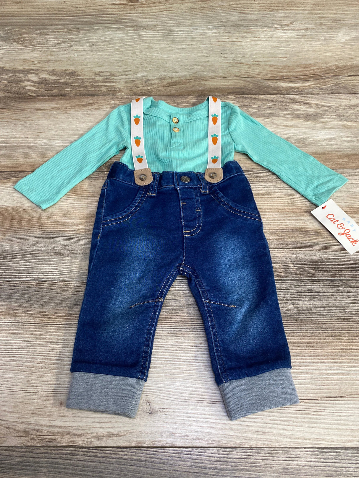 NEW Cat & Jack 3pc Henley Suspender Set Green sz 3-6m