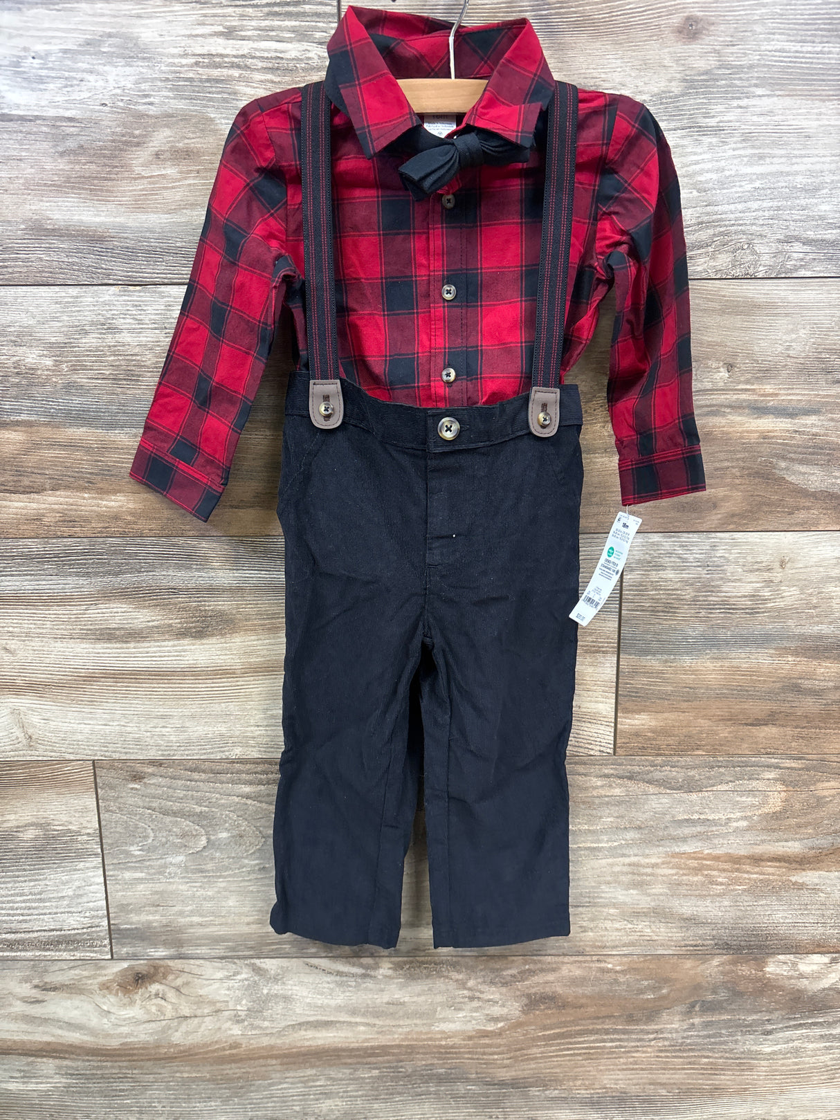 NEW Carter's Suspender Pants & Plaid Romper w/ Bowtie 3pc Set Red sz 18m