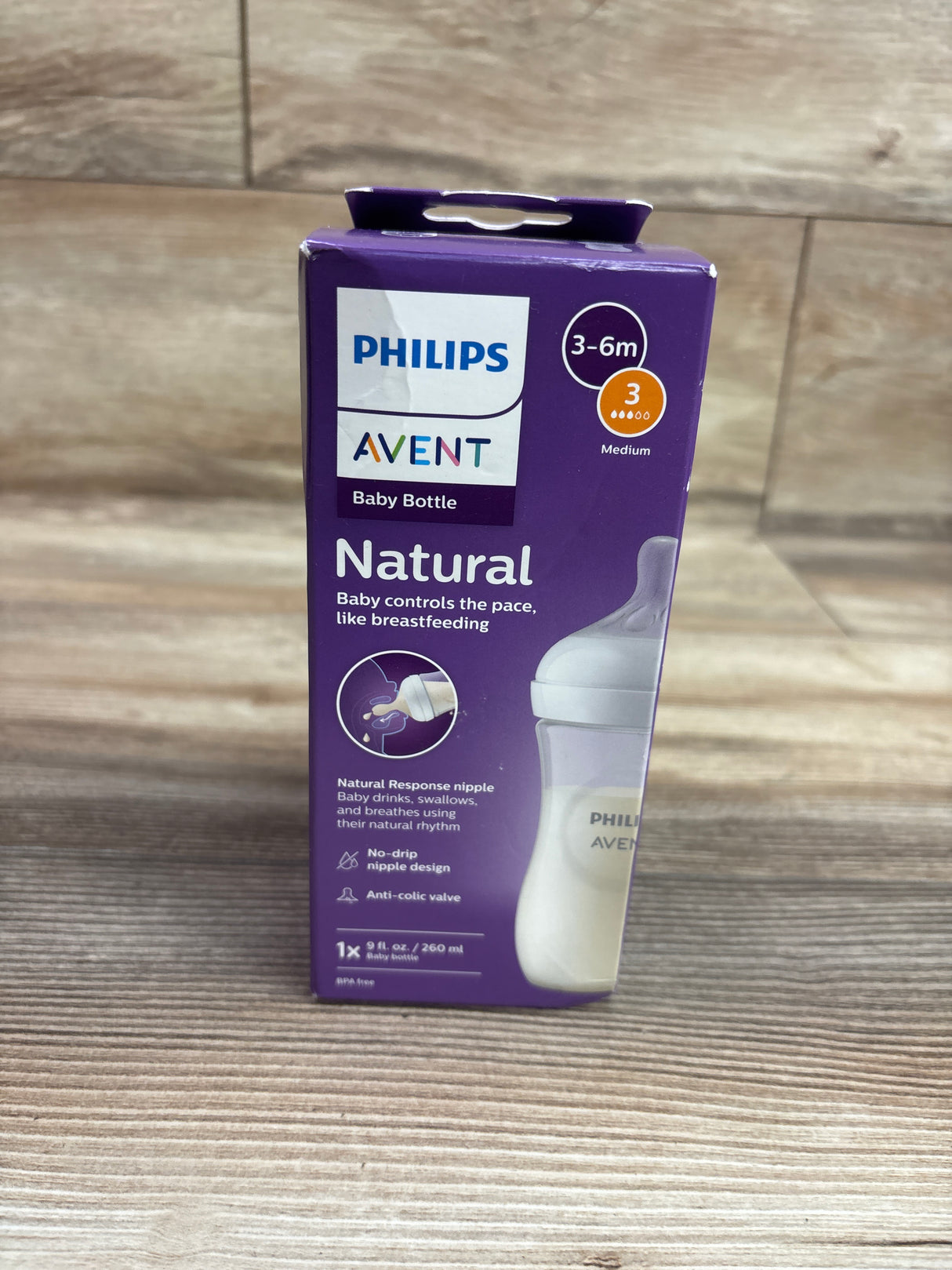 NEW Philips Avent Natural Baby Bottle with Medium Flow 3 Nipple, 9oz 3-6m