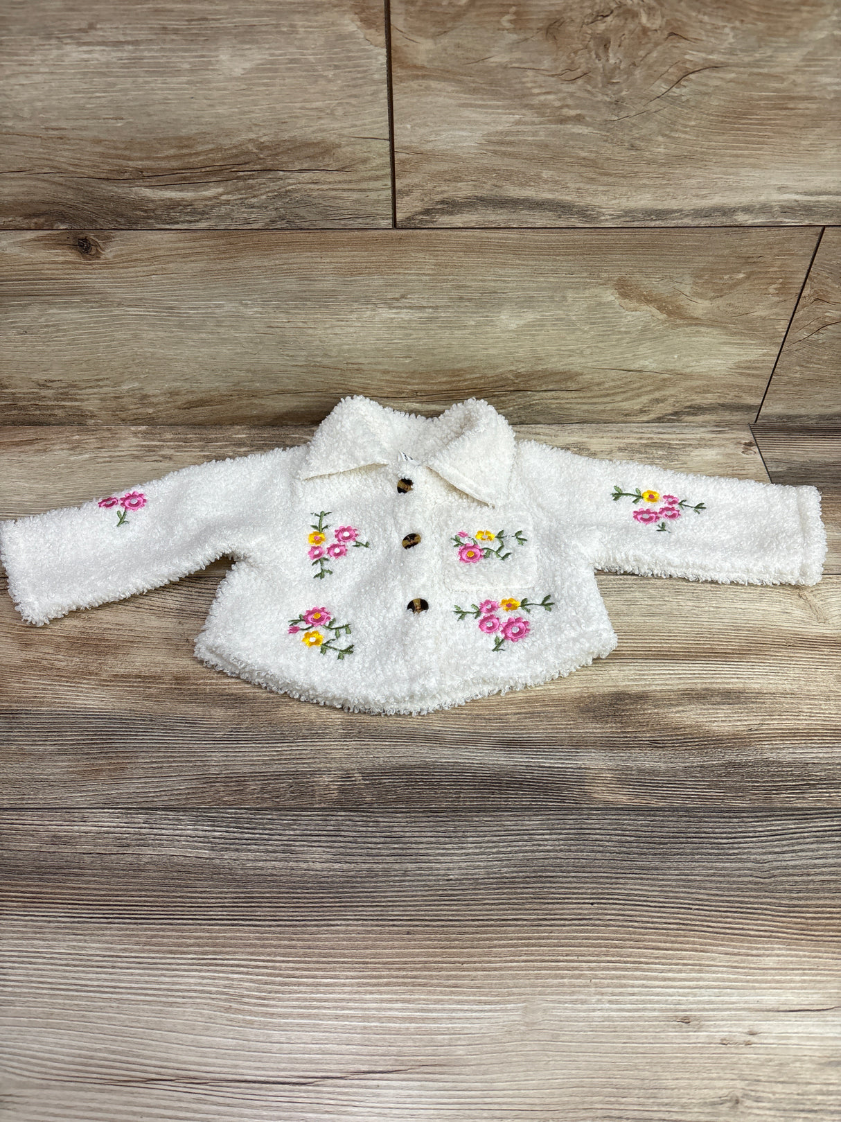 Shein Embroidered Sherpa Button-Up Jacket Ivory sz 3-6m