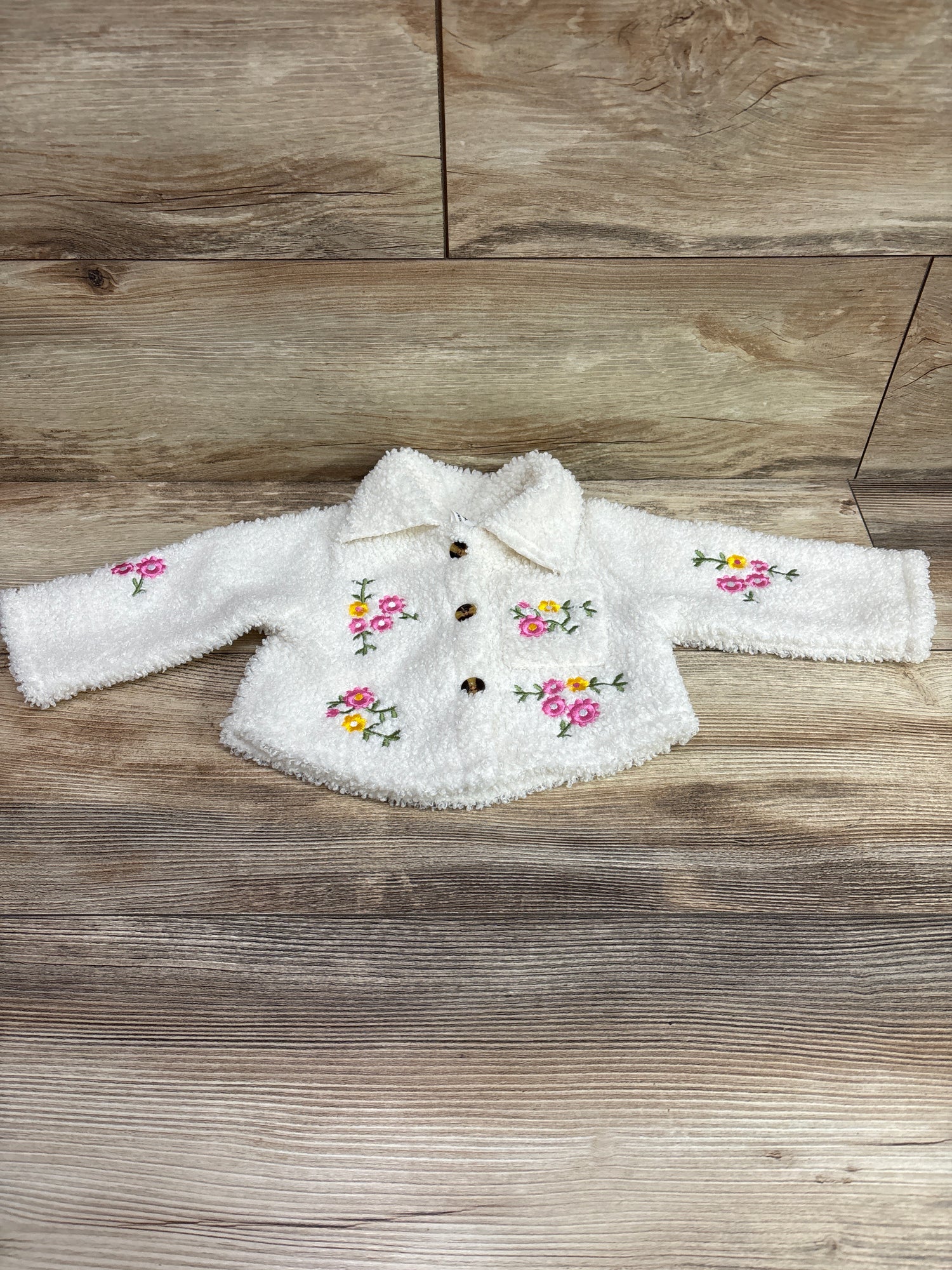 Shein Embroidered Sherpa Button-Up Jacket Ivory sz 3-6m