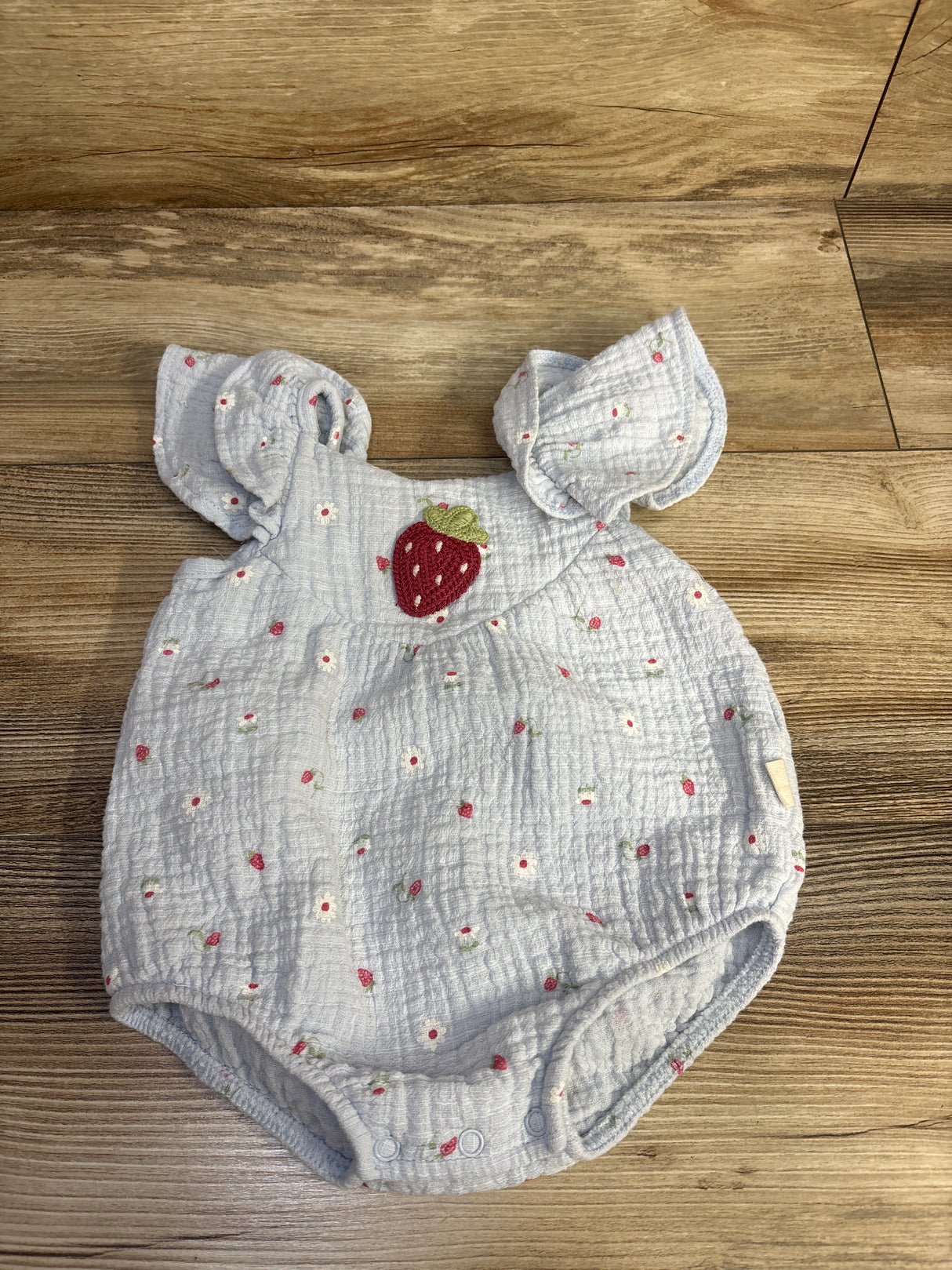 Rabbit + Bear Organic Embroidered Strawberry Bubble Romper Blue sz 6-9m