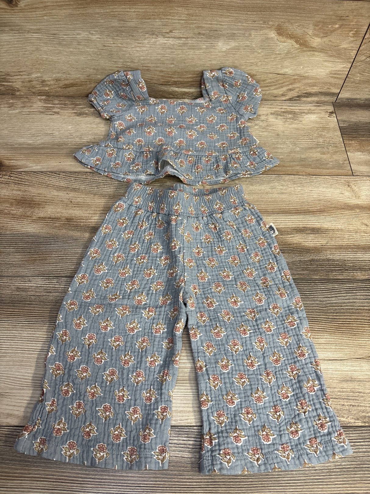 Rabbit Bear Organic 2pc Floral Muslin Peplum Top & Pants Set Blue sz 12m