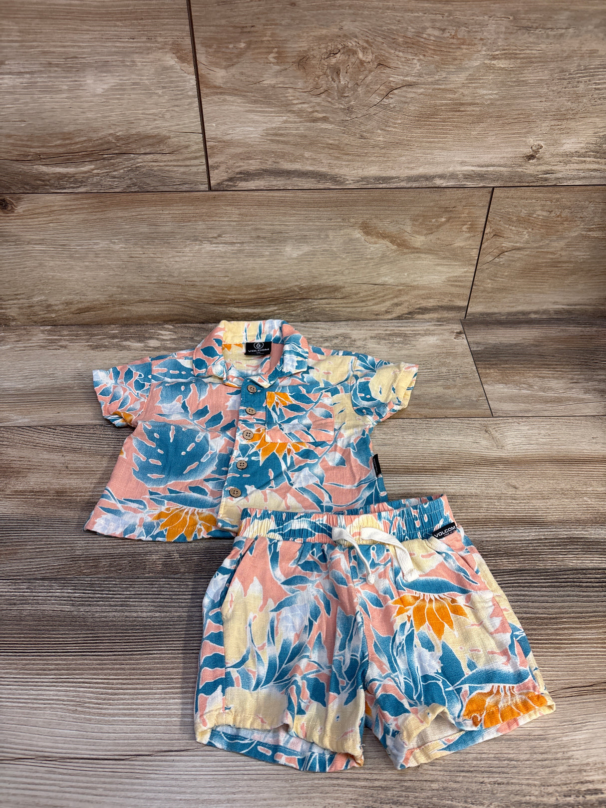 Volcom 2pc Linen Blend Button Up Shirt & Shorts Set Peach sz 12m