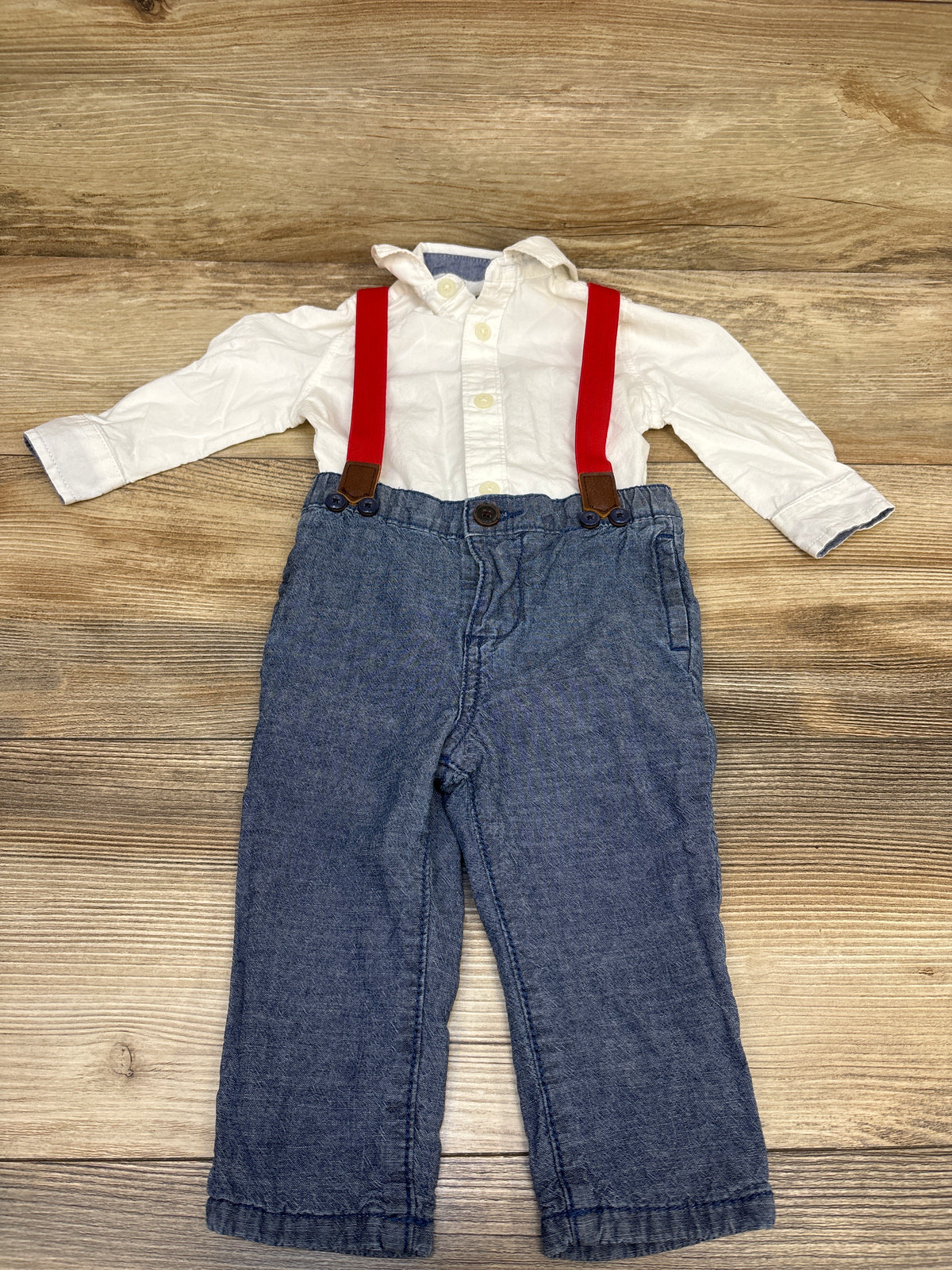 Oshkosh 3pc Button-Up Bodysuit & Suspender Pants Set White sz 9m