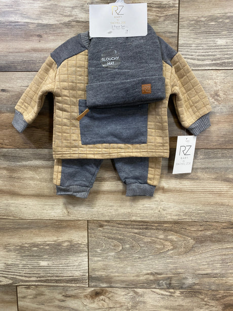 Baby three-piece set by Rachel Zoe featuring quilted beige and gray top, gray pants, and gray slouchy hat