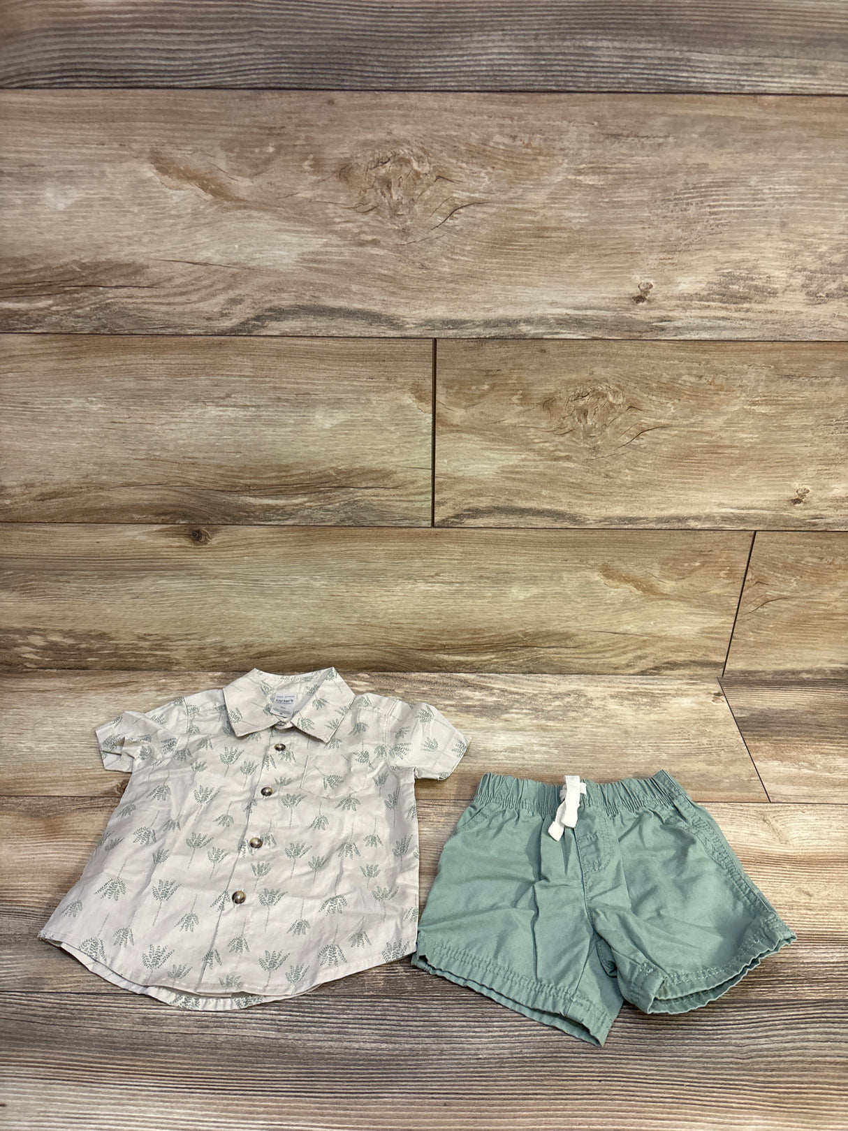 Just One You 2pc Button Up Shirt & Shorts Beige sz 9m