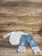 MyKrazyTees 2pc Lace Bodysuit & Distressed Jeans Set White sz 6-9m