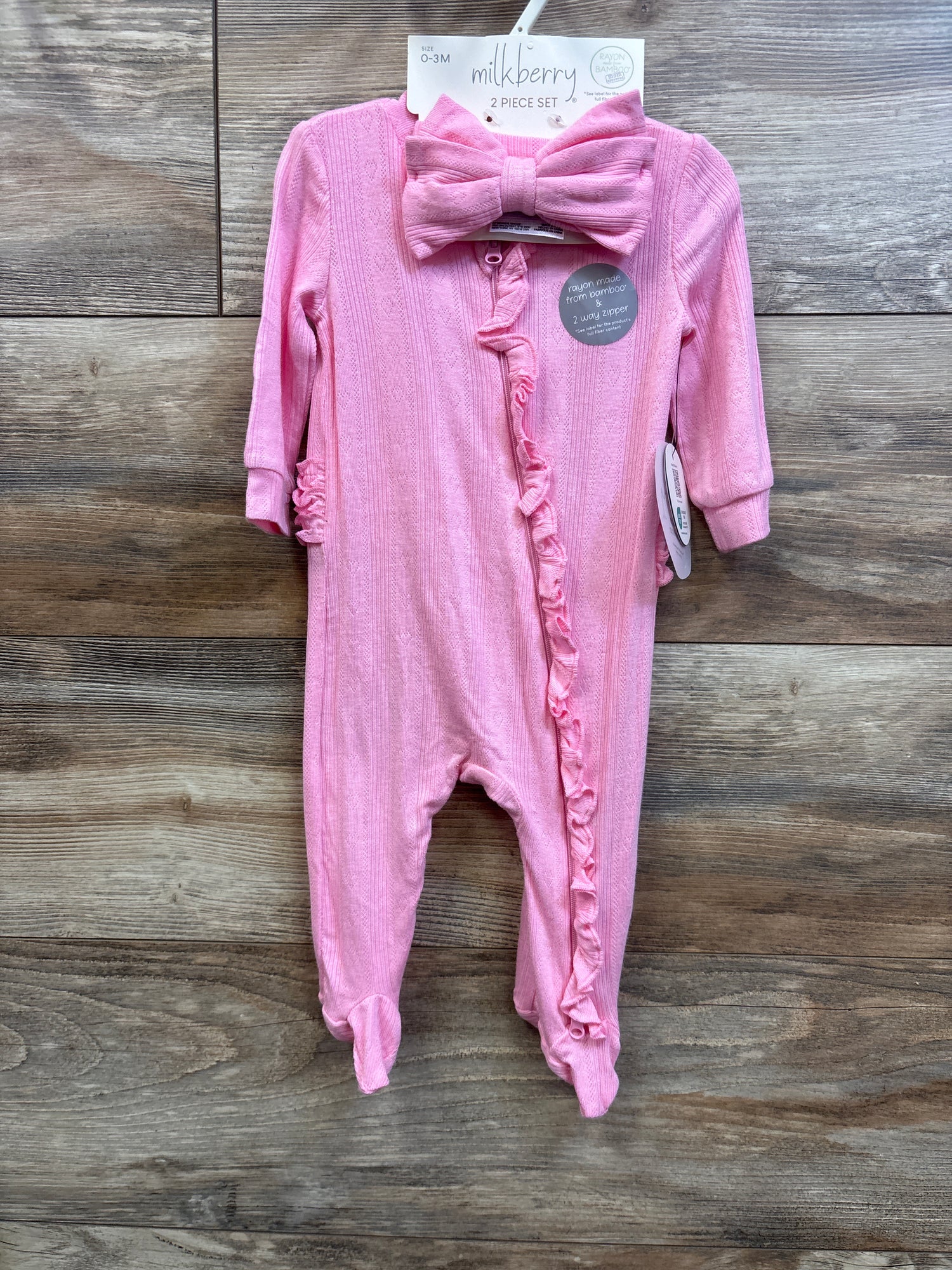 NEW Milkberry 2pc Bamboo Ruffle Sleeper & Headband Set Pink sz 0-3m