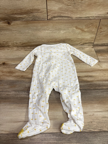 White ribbed footed sleeper with long sleeves and yellow print, size 9 months, laid flat
