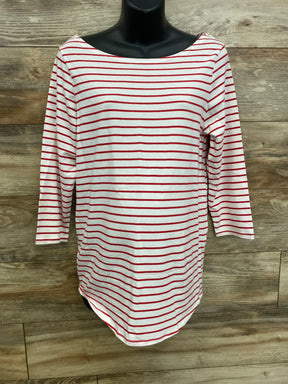 Front view of Isabel maternity long-sleeve shirt, white with red stripes, size XL, showing boat neckline and curved hem on wood background