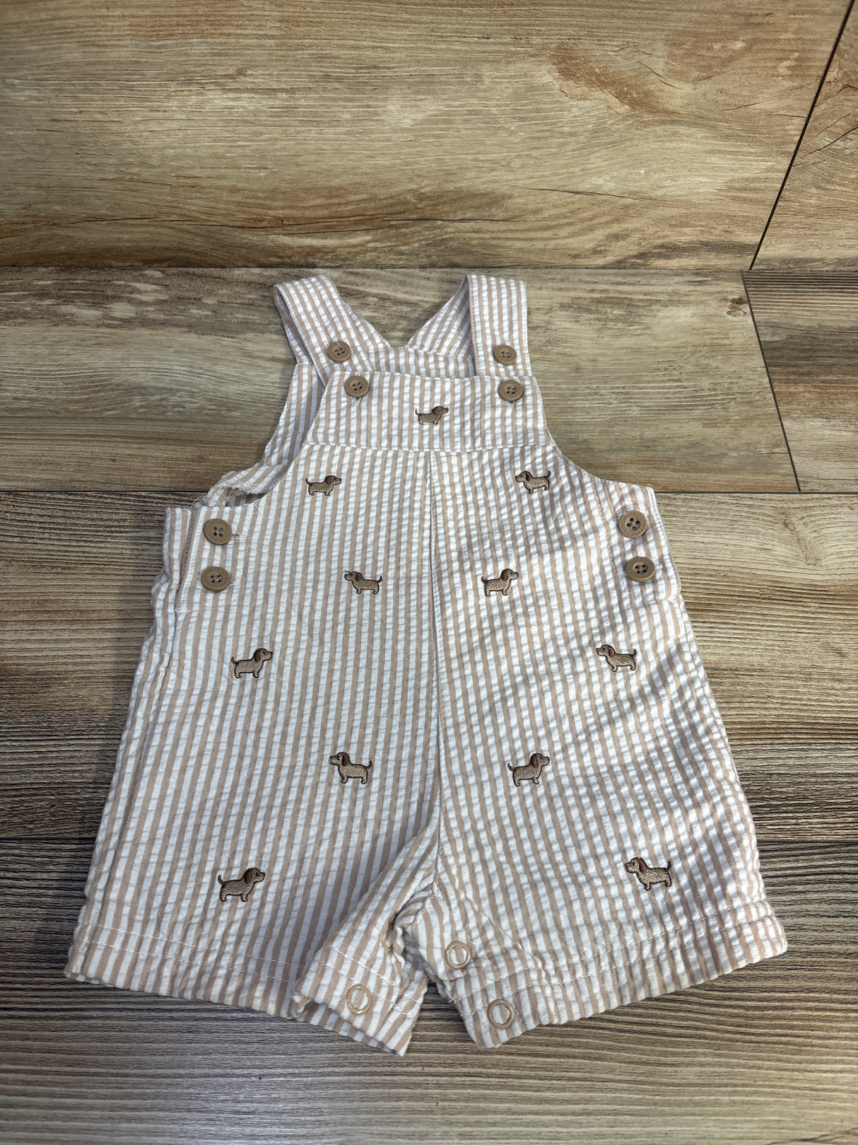 Little Me Embroidered Dog Seersucker Shortalls Brown sz 9m
