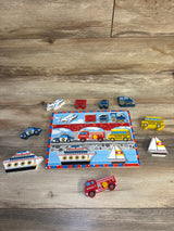 Top view of Melissa & Doug wooden chunky vehicle puzzle with nine colorful wooden vehicle pieces on a light wood background