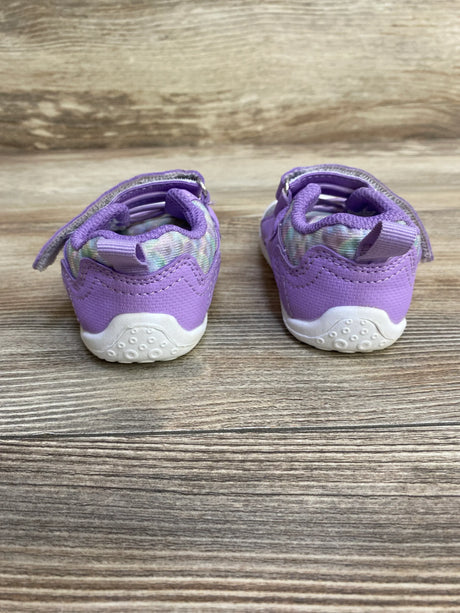 Rear view of FEETCITY wide barefoot water shoes showing white textured soles and Velcro straps on wood background, toddler size 4/5C