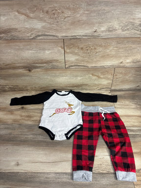 Baby Christmas outfit with reindeer graphic onesie and red plaid pants, perfect for holiday photos or cozy wear.