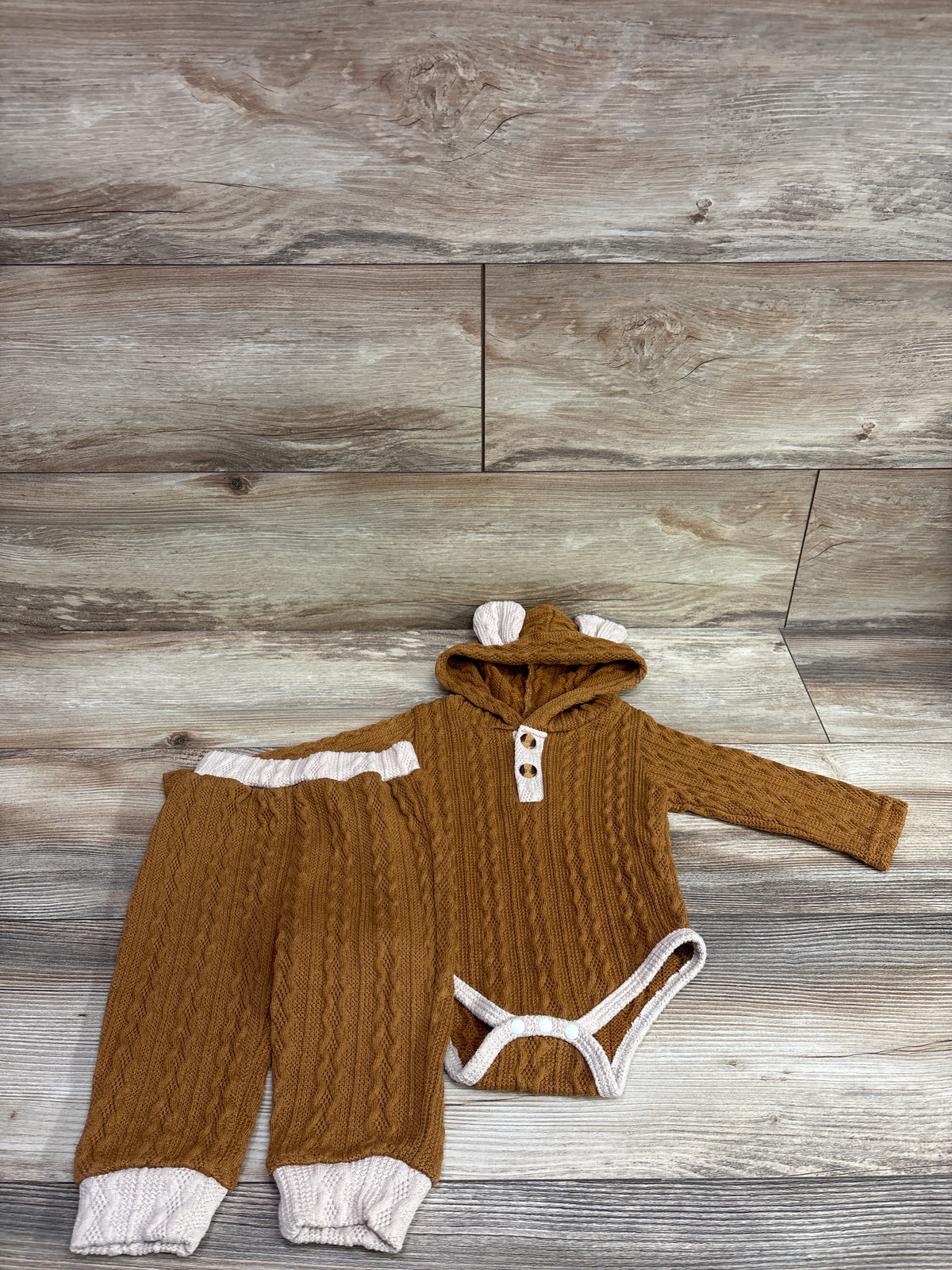 Odeerbi 2pc Knit Hooded Henley Bodysuit & Pants Set Brown sz 6-9m