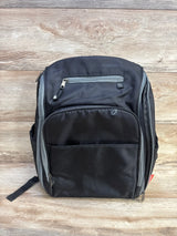 Front view of Fisher-Price Kaden FastFinder diaper bag in black showing front zip pockets, gray trim, and side bottle pocket