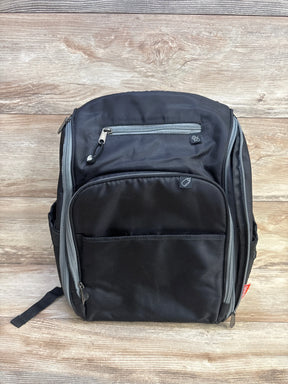 Front view of Fisher-Price Kaden FastFinder diaper bag in black showing front zip pockets, gray trim, and side bottle pocket