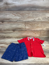 Boys red short sleeve shirt and blue shorts set, casual kids clothing flat lay