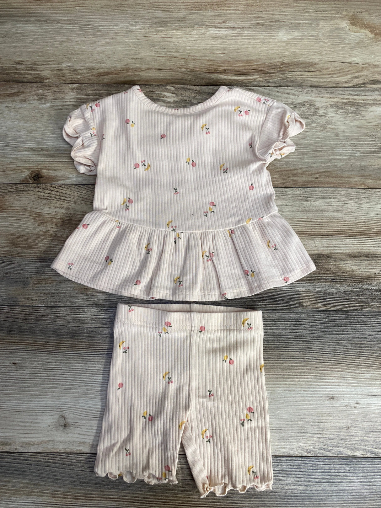 Carter's 2pc Fruit Print Ribbed Peplum Top & Shorts Set Peach sz 2T