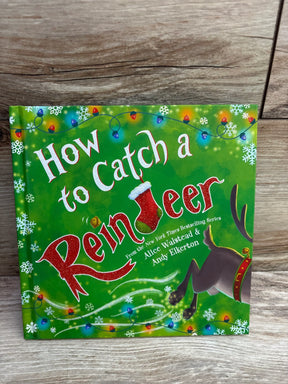 How to Catch a Reindeer children's Christmas book with festive lights and snowflakes on green cover