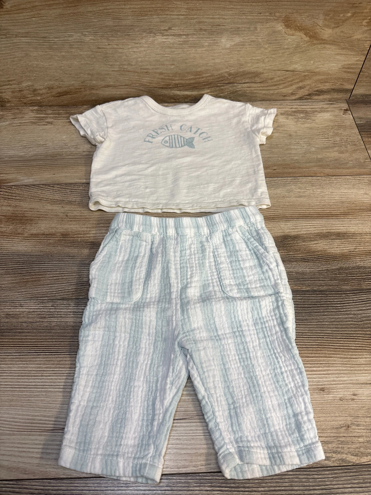 Infant outfit with white 'Fresh Catch' fish t-shirt and striped cotton pants on wood background
