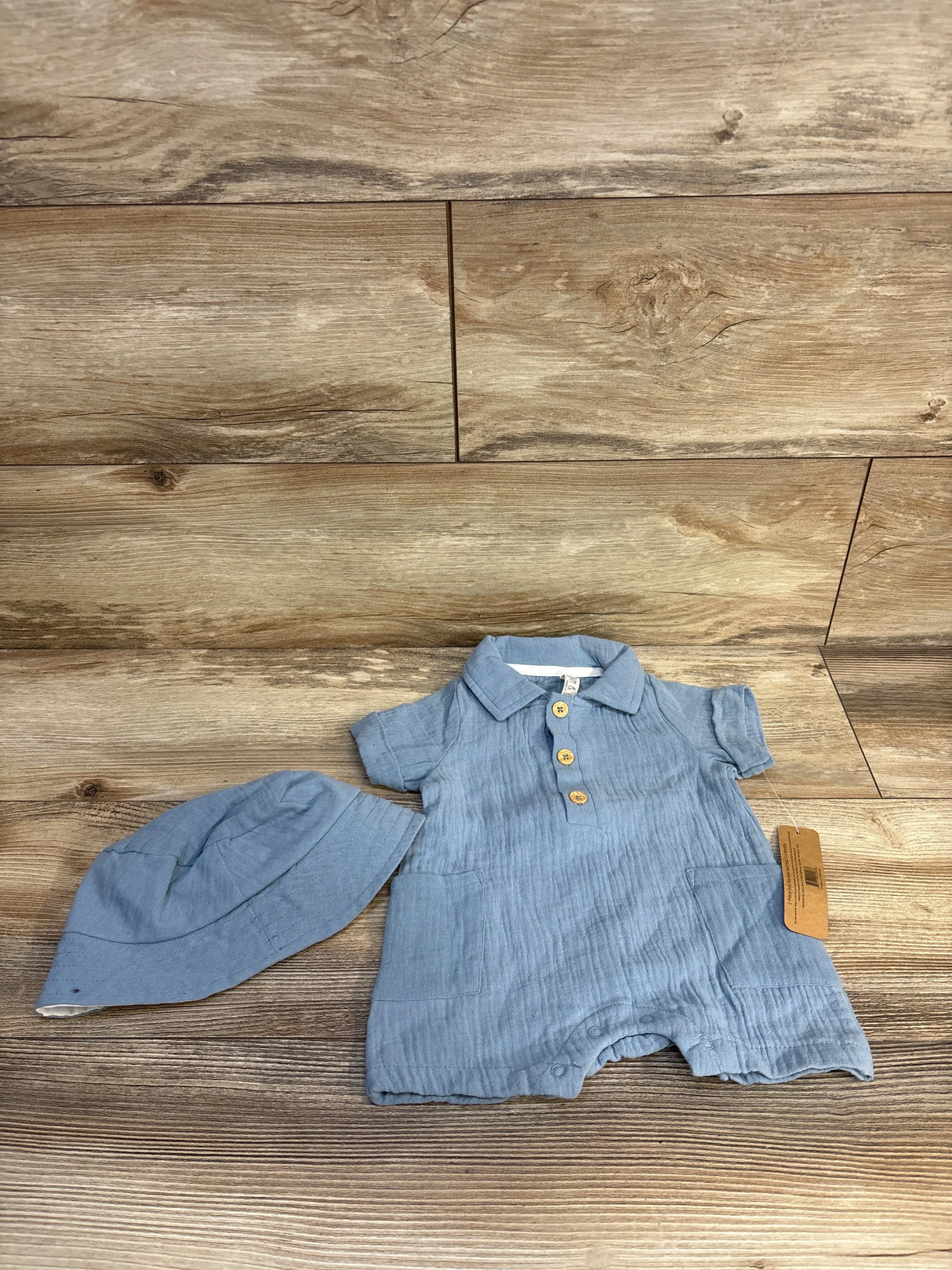 NEW Liam & James 2pc Gingham Romper & Hat Blue sz 3-6m