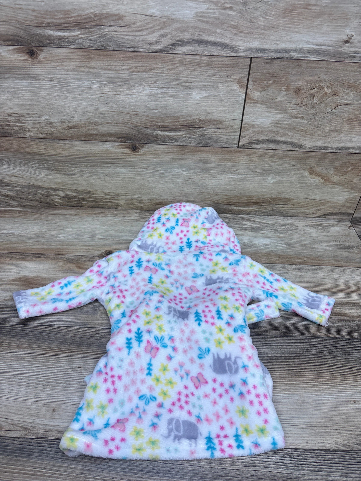 Floral Butterfly Print Plush Hooded Bath Robe White sz 0-9m
