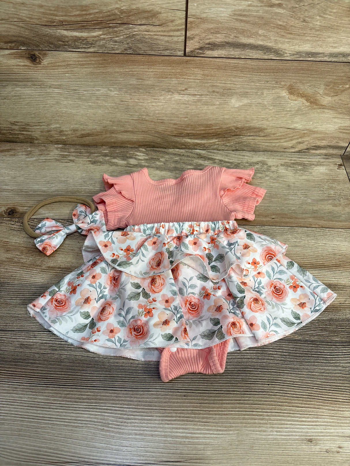Daddy's Girl 2pc Floral Bodysuit Dress & Headband Pink sz 3-6m